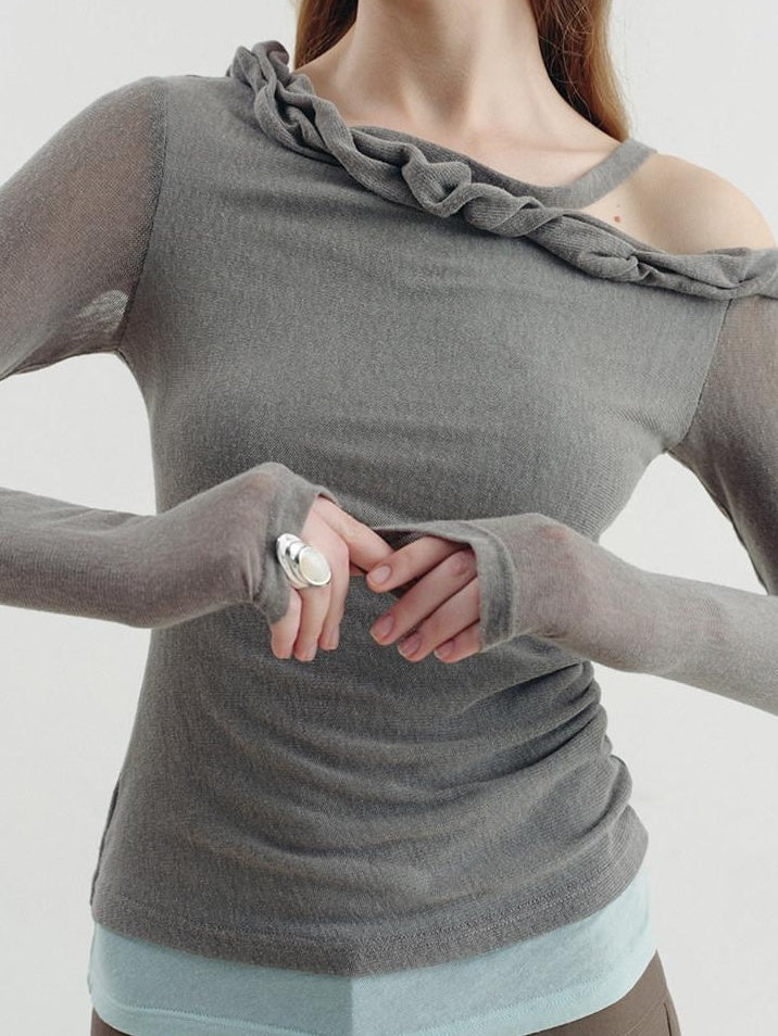 someonesometimes Lyocell Linen Blend Slim Fit Asymmetrical Neck Mint Gray Long Sleeve T-Shirts