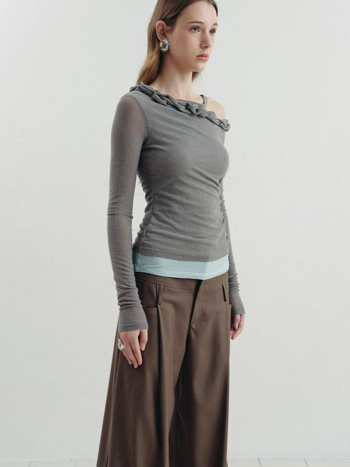 someonesometimes Lyocell Linen Blend Slim Fit Asymmetrical Neck Mint Gray Long Sleeve T-Shirts