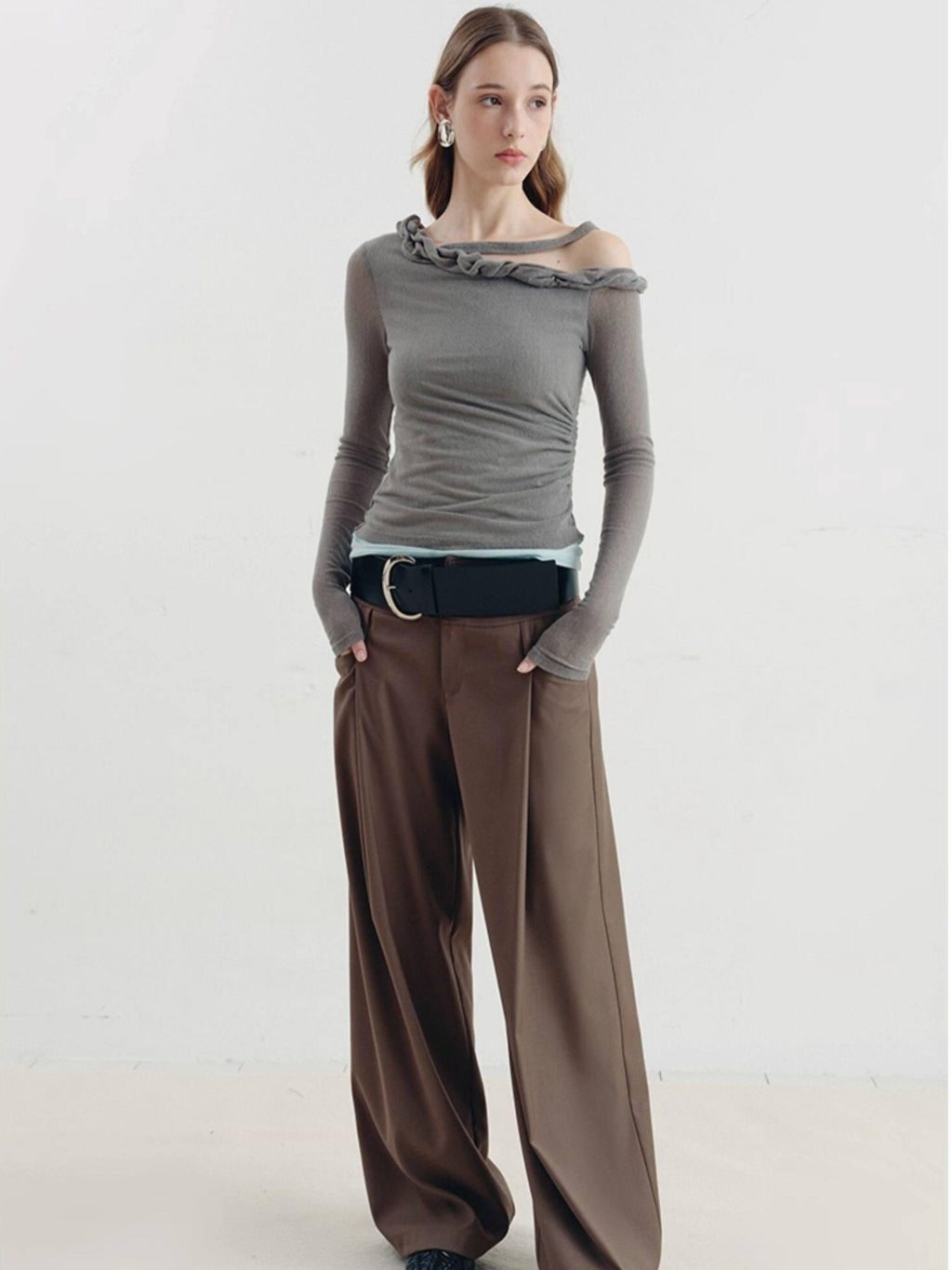 someonesometimes Lyocell Linen Blend Slim Fit Asymmetrical Neck Mint Gray Long Sleeve T-Shirts