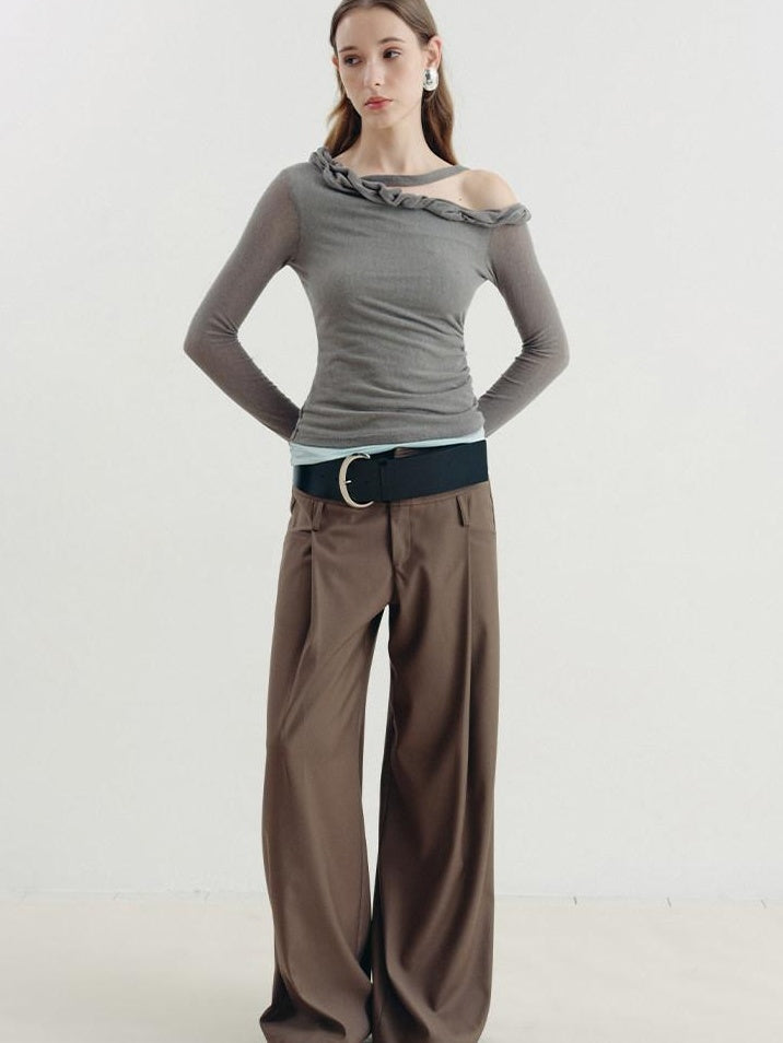 someonesometimes Lyocell Linen Blend Slim Fit Asymmetrical Neck Mint Gray Long Sleeve T-Shirts