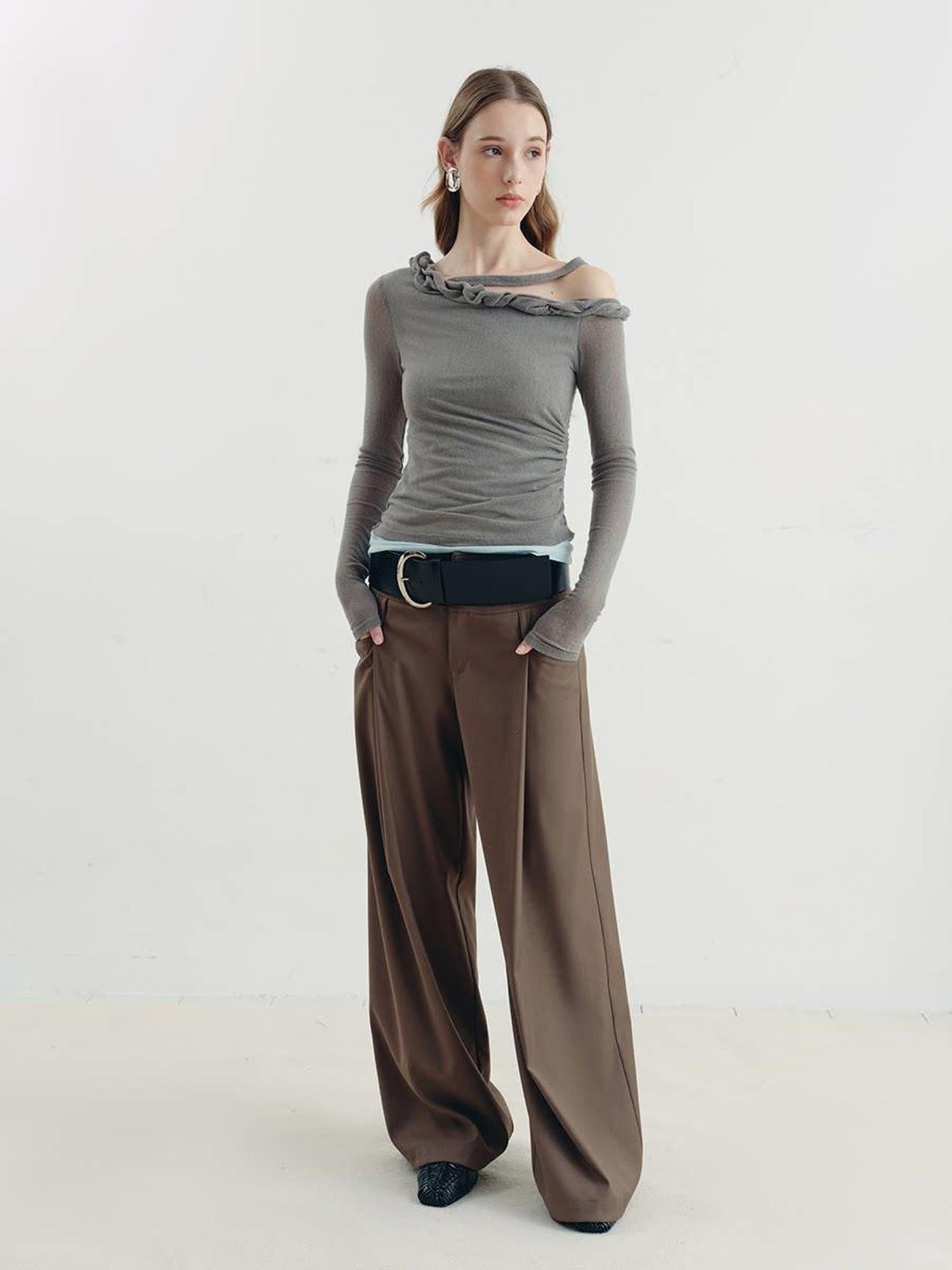someonesometimes Lyocell Linen Blend Slim Fit Asymmetrical Neck Mint Gray Long Sleeve T-Shirts