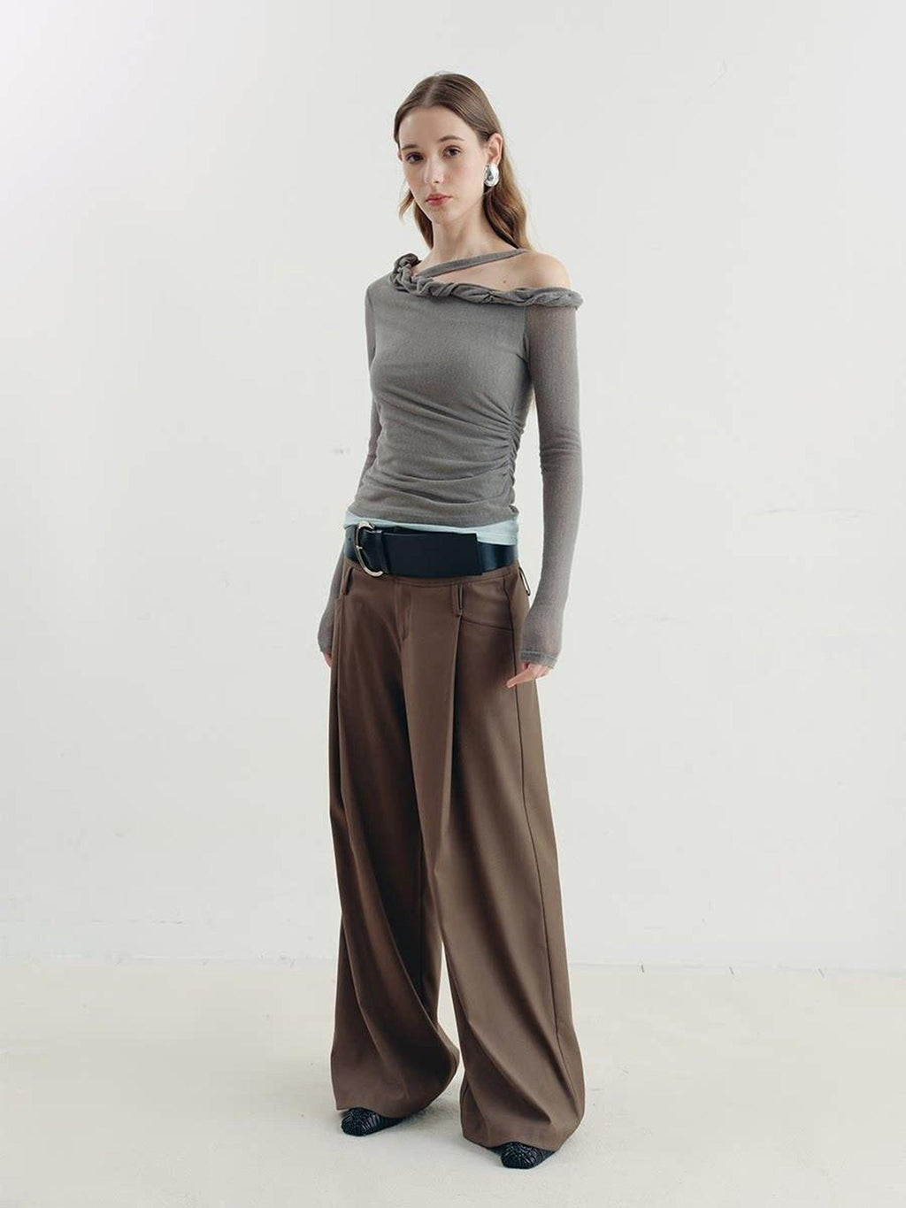 someonesometimes Lyocell Linen Blend Slim Fit Asymmetrical Neck Mint Gray Long Sleeve T-Shirts