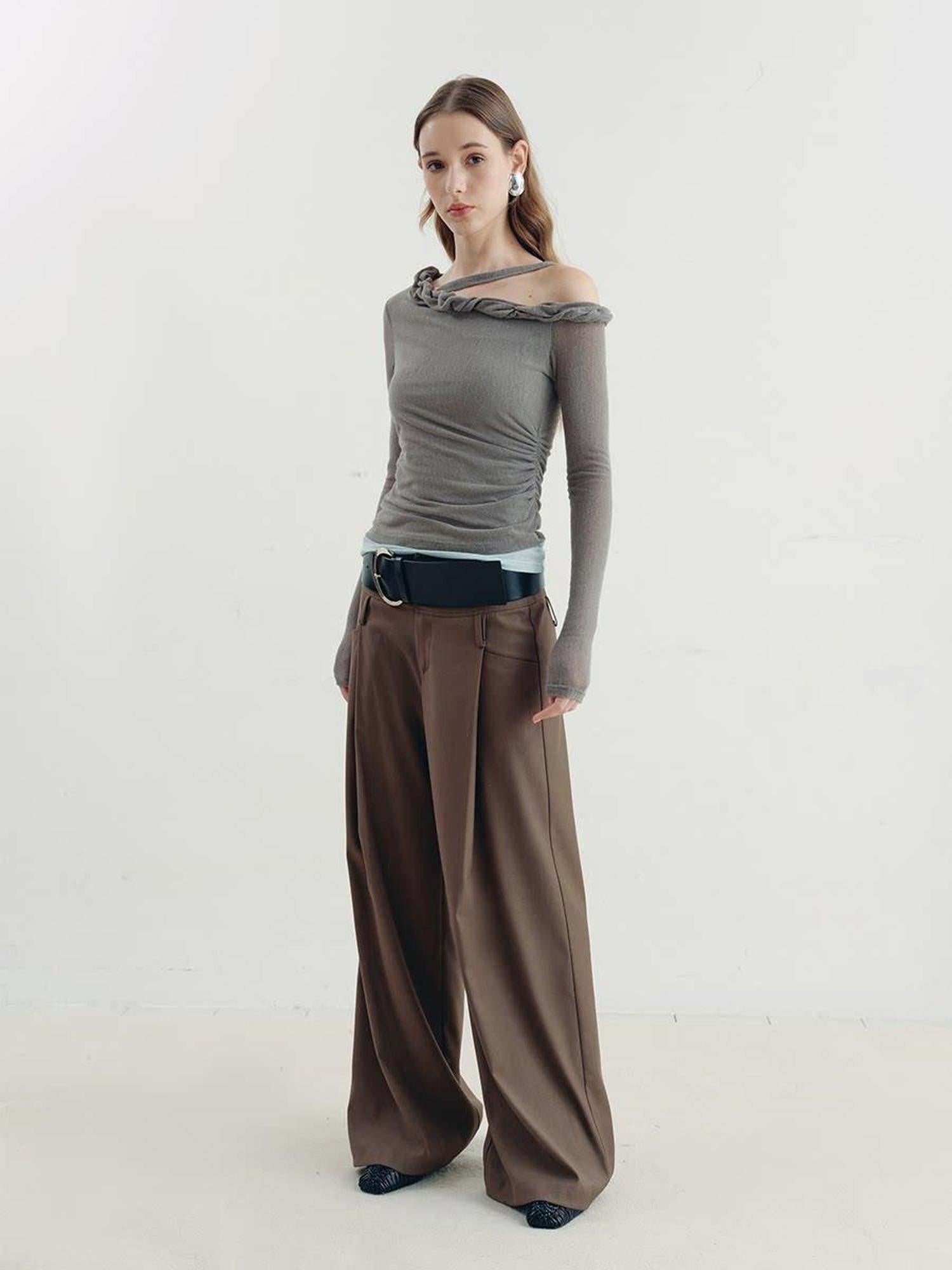 someonesometimes Lyocell Linen Blend Slim Fit Asymmetrical Neck Mint Gray Long Sleeve T-Shirts