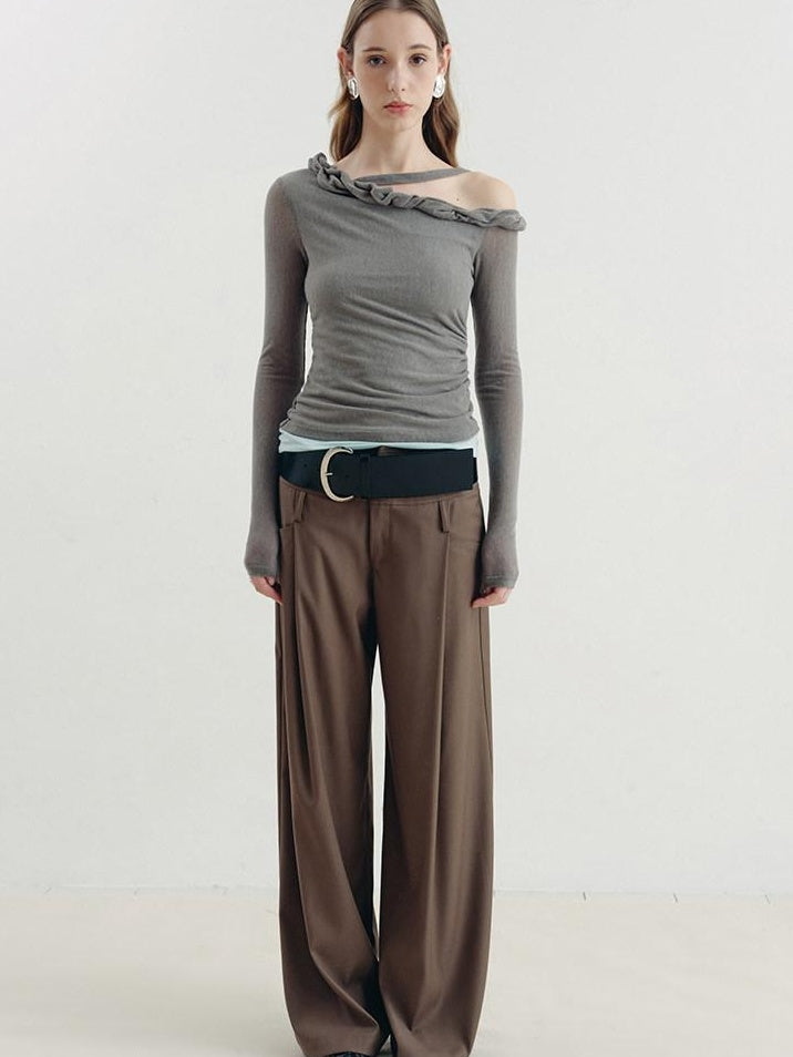 someonesometimes Lyocell Linen Blend Slim Fit Asymmetrical Neck Mint Gray Long Sleeve T-Shirts