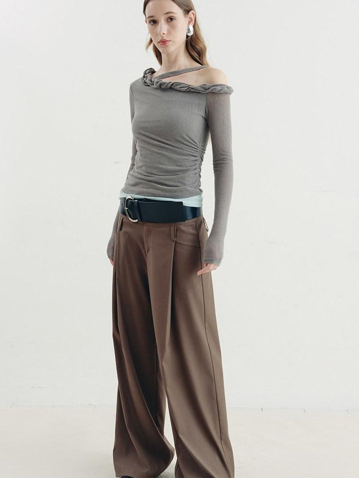someonesometimes Lyocell Linen Blend Slim Fit Asymmetrical Neck Mint Gray Long Sleeve T-Shirts