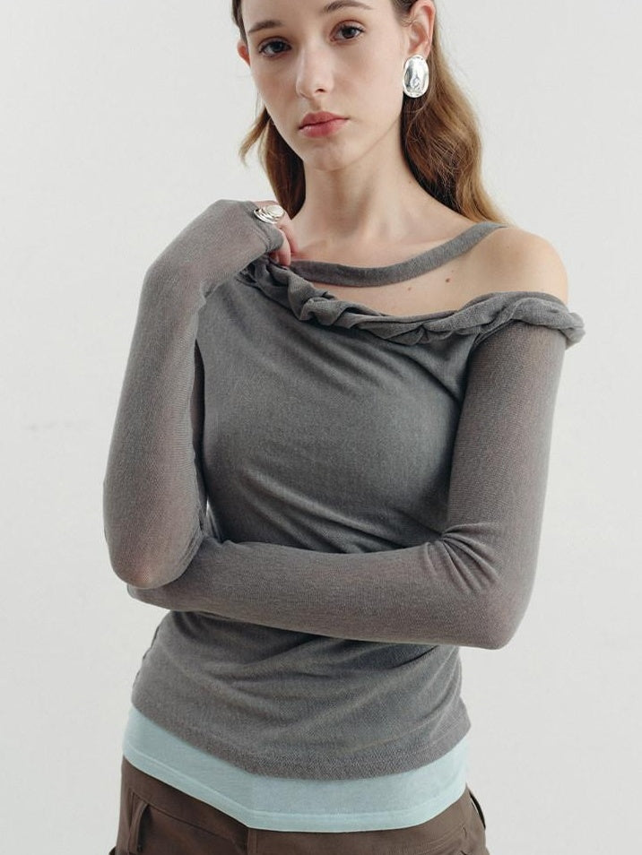 someonesometimes Lyocell Linen Blend Slim Fit Asymmetrical Neck Mint Gray Long Sleeve T-Shirts
