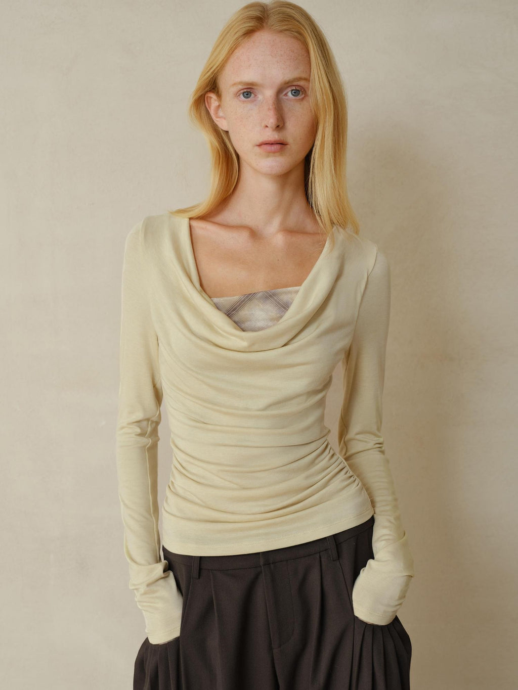 someonesometimes Lyocell Stretch Casual Slim Fit Plaid Scoop Neck Women Pear Long Sleeve T-Shirts