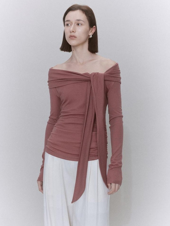 someonesometimes Lyocell Wool Blend Fitted Waist Boat Neck Knit Women Cherry Pink Sweaters