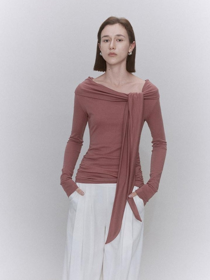 someonesometimes Lyocell Wool Blend Fitted Waist Boat Neck Knit Women Cherry Pink Sweaters