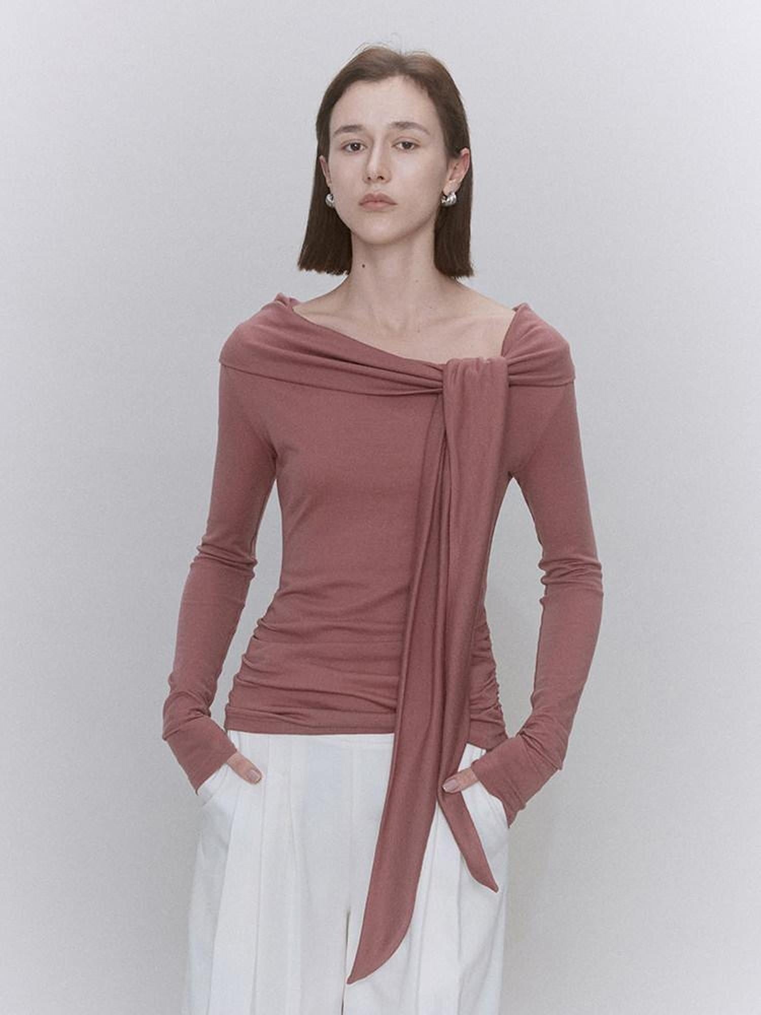 someonesometimes Lyocell Wool Blend Fitted Waist Boat Neck Knit Women Cherry Pink Sweaters