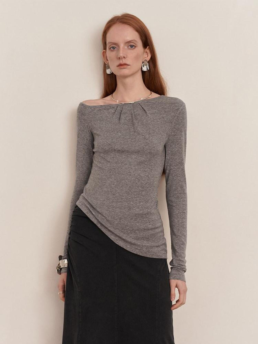 someonesometimes Lyocell Wool Blend Lightweight Asymmetric Neck Slim Casual Long Sleeve T-Shirts