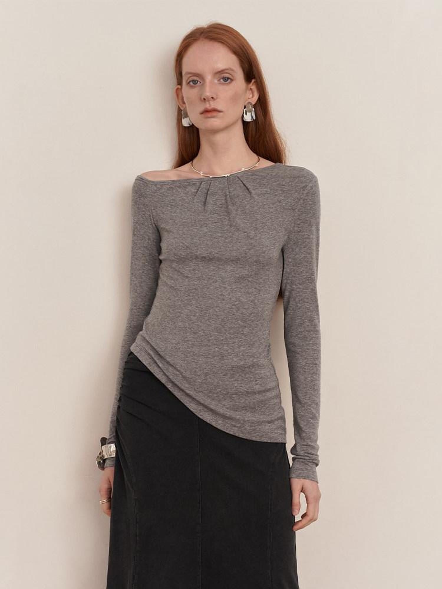 someonesometimes Lyocell Wool Blend Lightweight Asymmetric Neck Slim Casual Long Sleeve T-Shirts