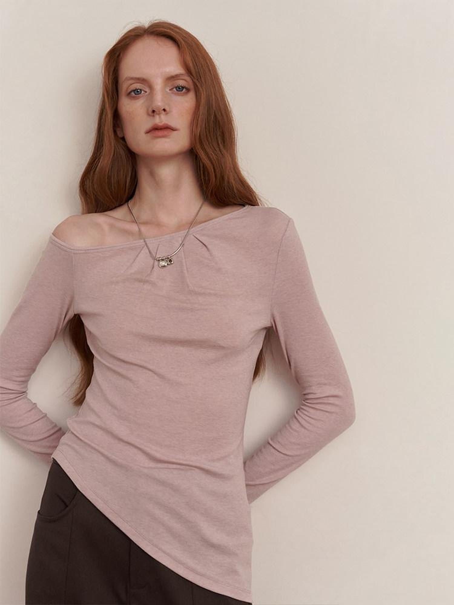 someonesometimes Lyocell Wool Blend Lightweight Asymmetric Neck Slim Casual Long Sleeve T-Shirts