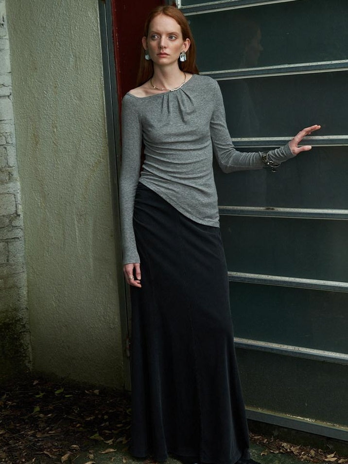 someonesometimes Lyocell Wool Blend Lightweight Asymmetric Neck Slim Casual Long Sleeve T-Shirts