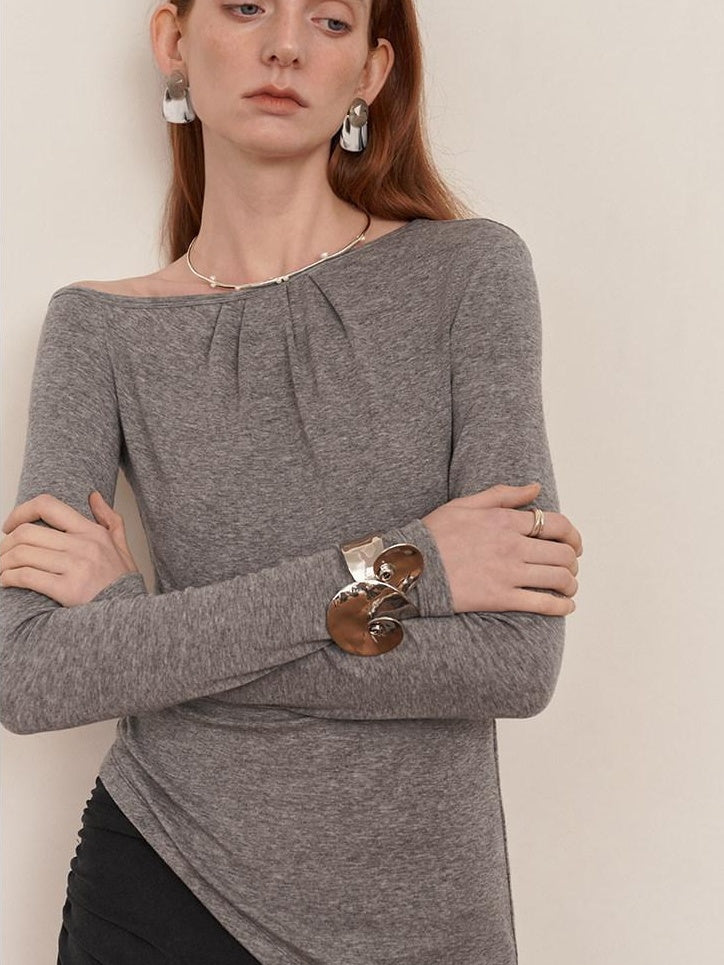 someonesometimes Lyocell Wool Blend Lightweight Asymmetric Neck Slim Casual Long Sleeve T-Shirts