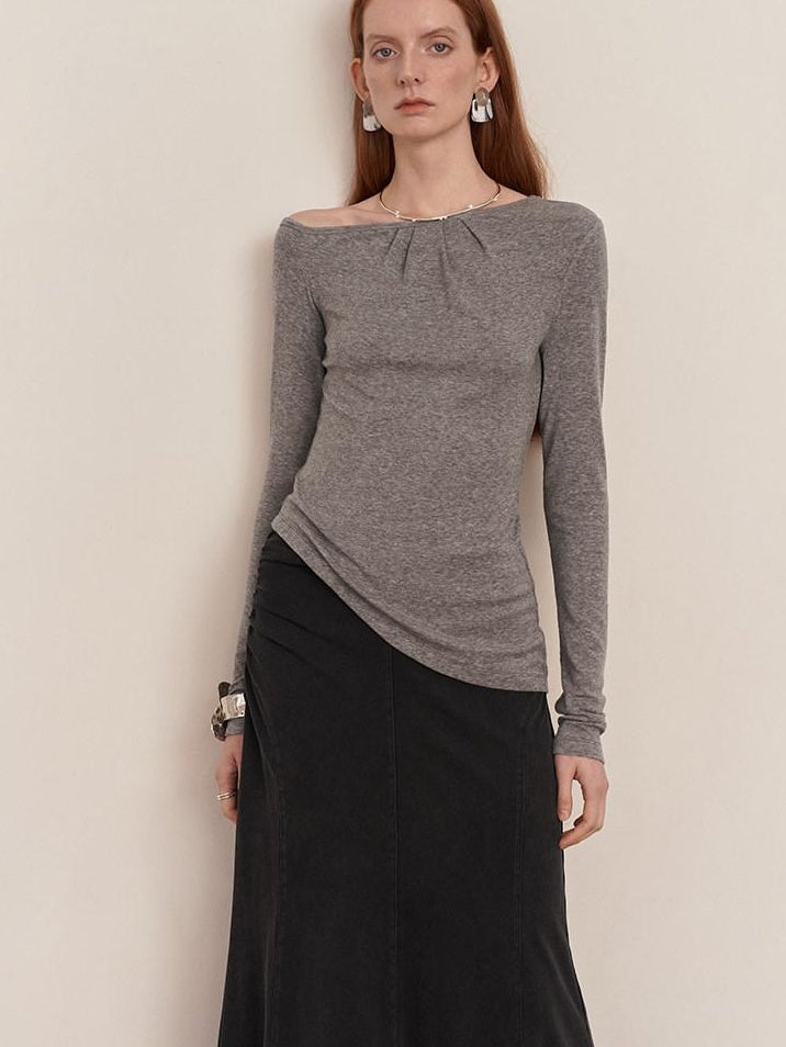 someonesometimes Lyocell Wool Blend Lightweight Asymmetric Neck Slim Casual Long Sleeve T-Shirts