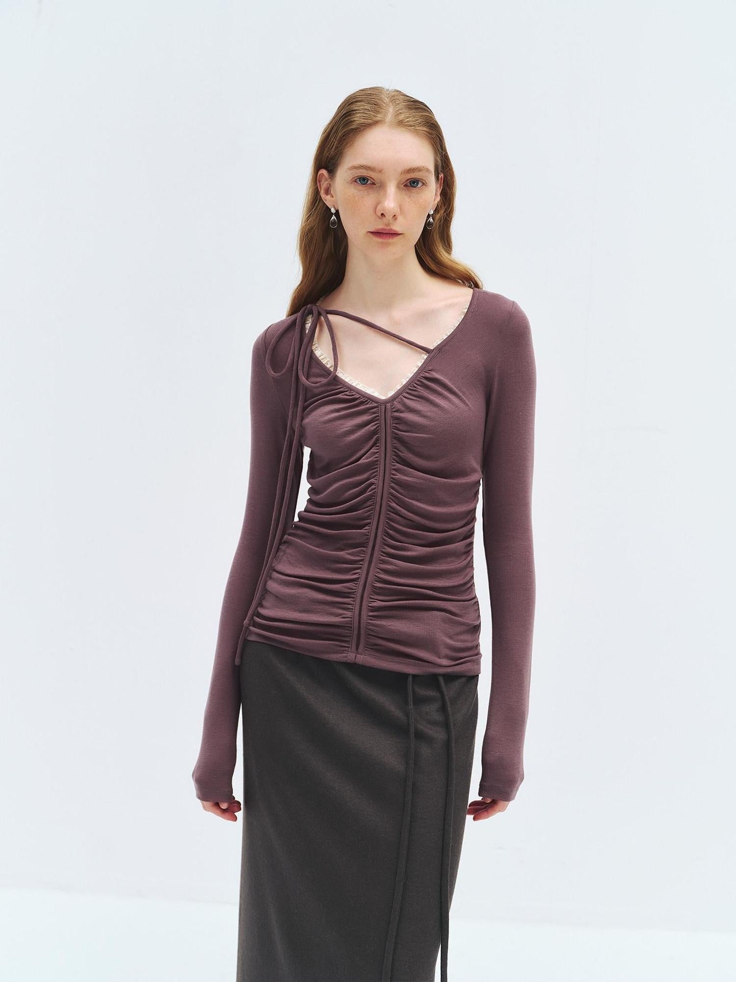 someonesometimes Lyocell Wool Slim Fit V-neck Knit Women Fig Purple Long Sleeve T-Shirts