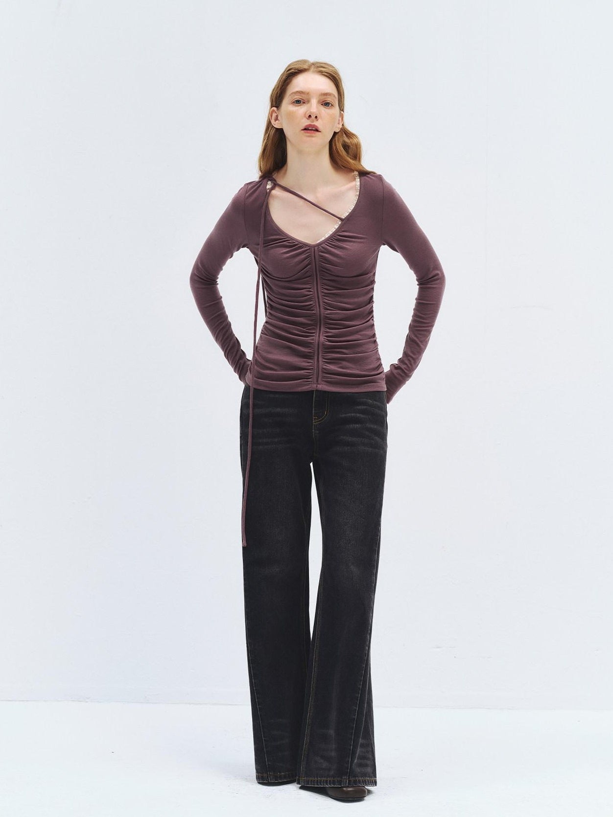 someonesometimes Lyocell Wool Slim Fit V-neck Knit Women Fig Purple Long Sleeve T-Shirts