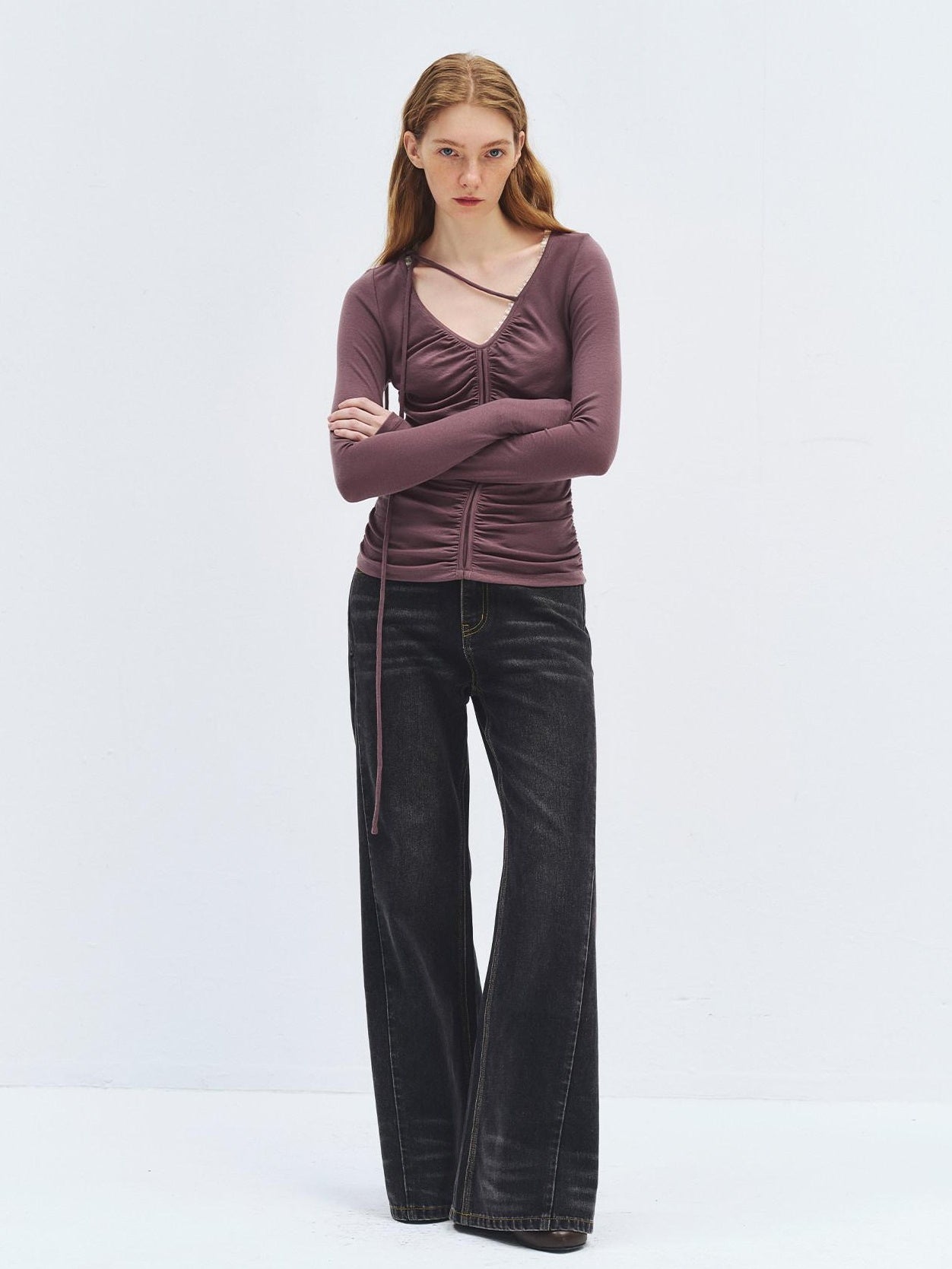 someonesometimes Lyocell Wool Slim Fit V-neck Knit Women Fig Purple Long Sleeve T-Shirts