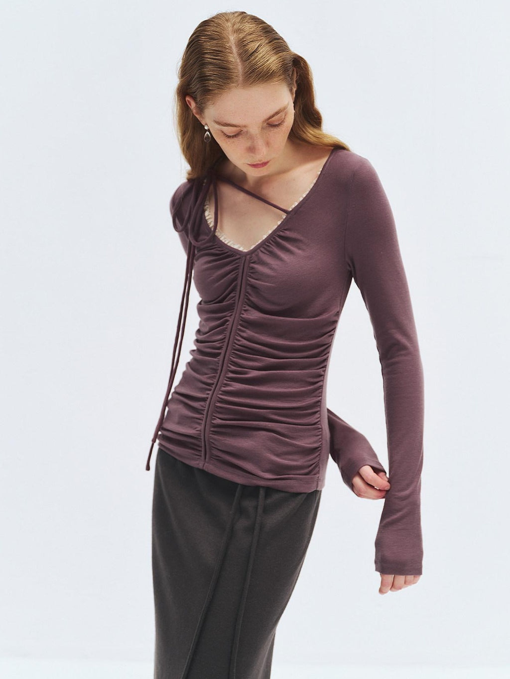 someonesometimes Lyocell Wool Slim Fit V-neck Knit Women Fig Purple Long Sleeve T-Shirts