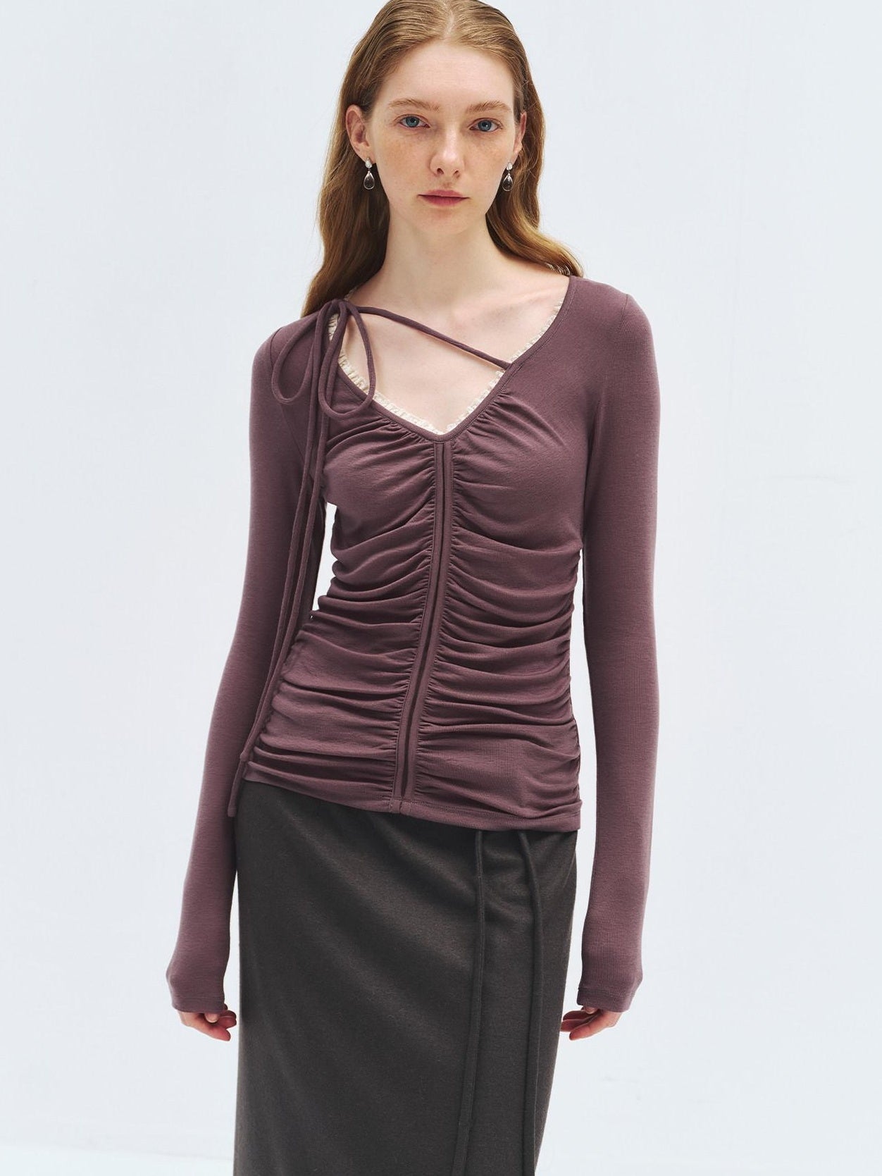 someonesometimes Lyocell Wool Slim Fit V-neck Knit Women Fig Purple Long Sleeve T-Shirts