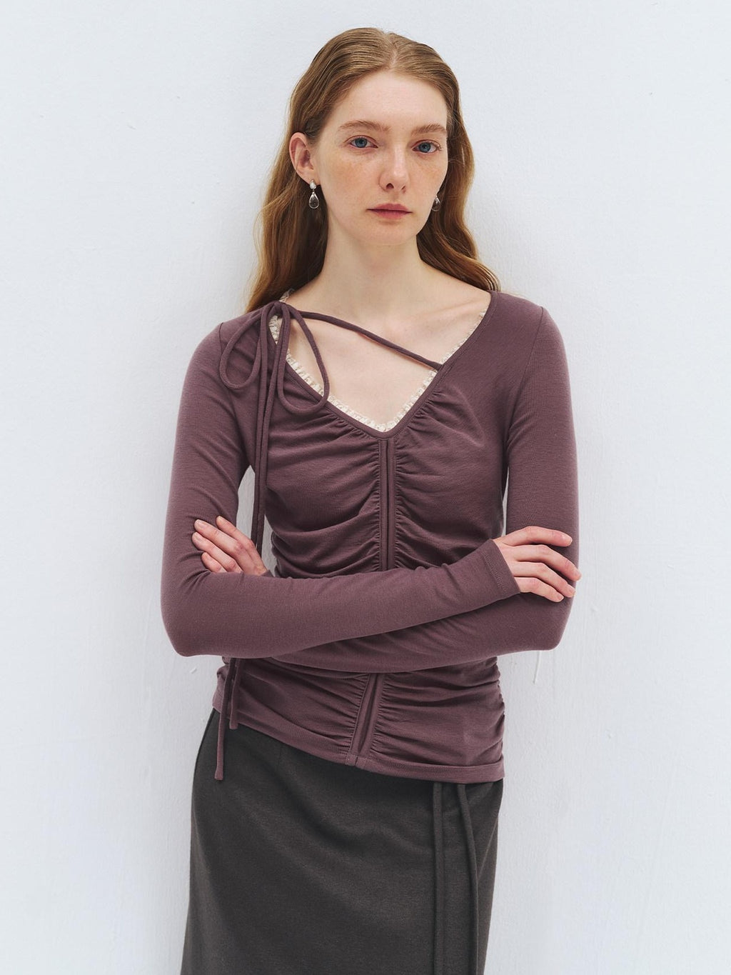 someonesometimes Lyocell Wool Slim Fit V-neck Knit Women Fig Purple Long Sleeve T-Shirts