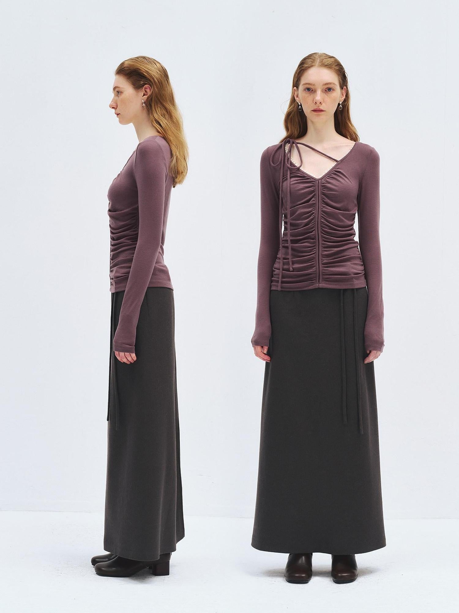 someonesometimes Lyocell Wool Slim Fit V-neck Knit Women Fig Purple Long Sleeve T-Shirts