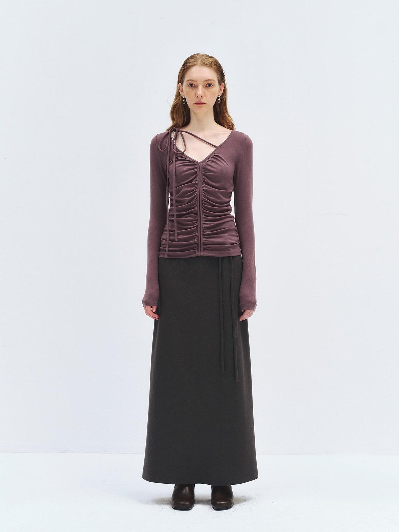 someonesometimes Lyocell Wool Slim Fit V-neck Knit Women Fig Purple Long Sleeve T-Shirts