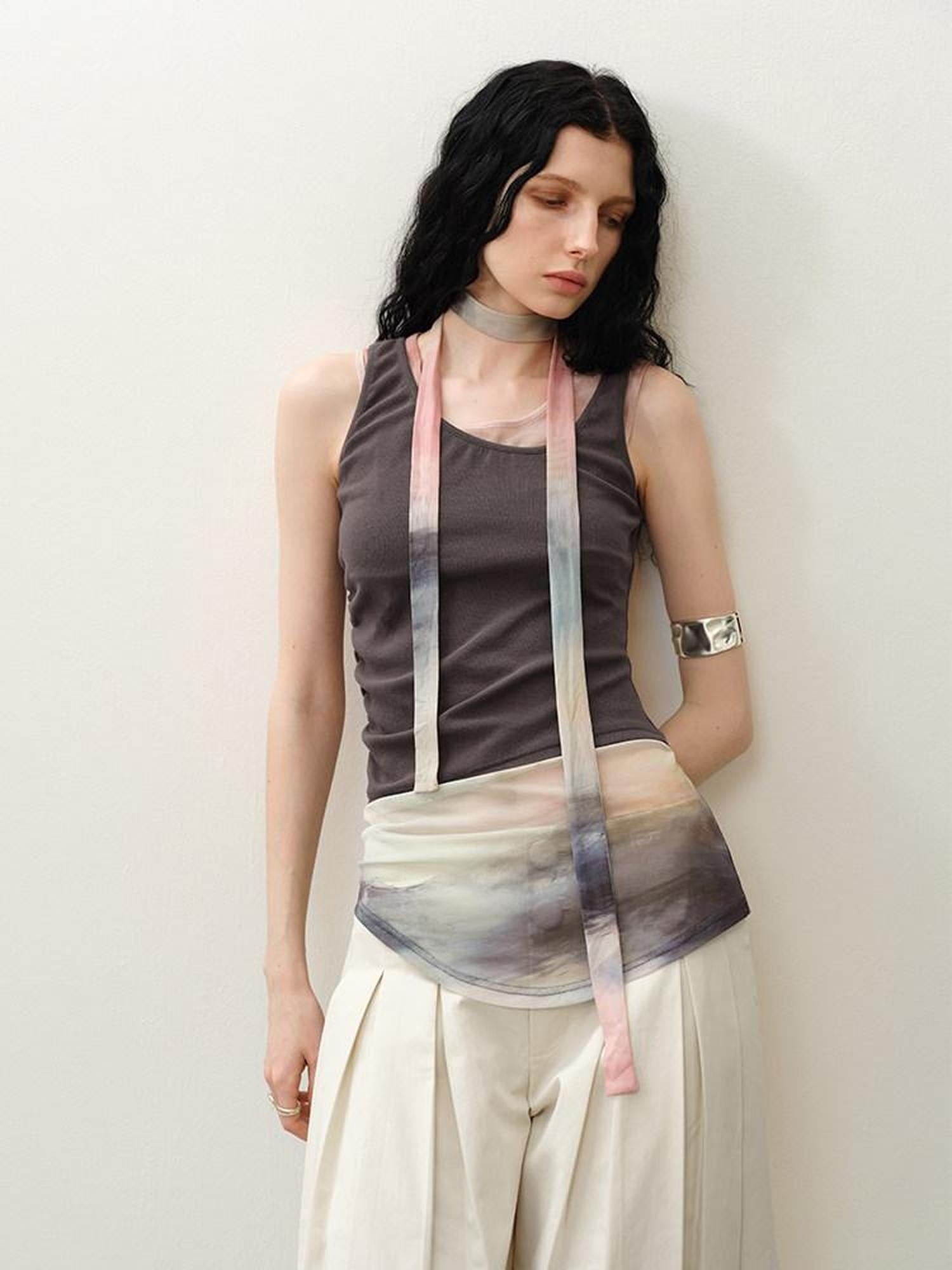 someonesometimes Mesh Detail Original Slim Fit Viscose Cotton Blend Camisole Ash Gray Tank Tops
