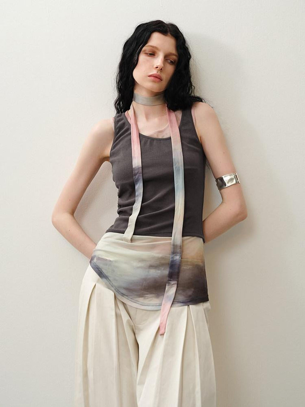 someonesometimes Mesh Detail Original Slim Fit Viscose Cotton Blend Camisole Ash Gray Tank Tops