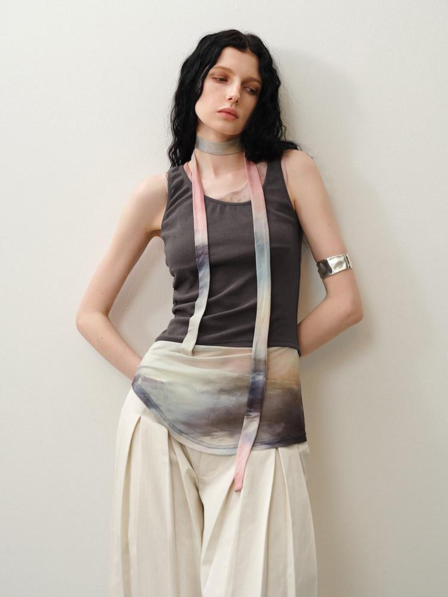someonesometimes Mesh Detail Original Slim Fit Viscose Cotton Blend Camisole Ash Gray Tank Tops