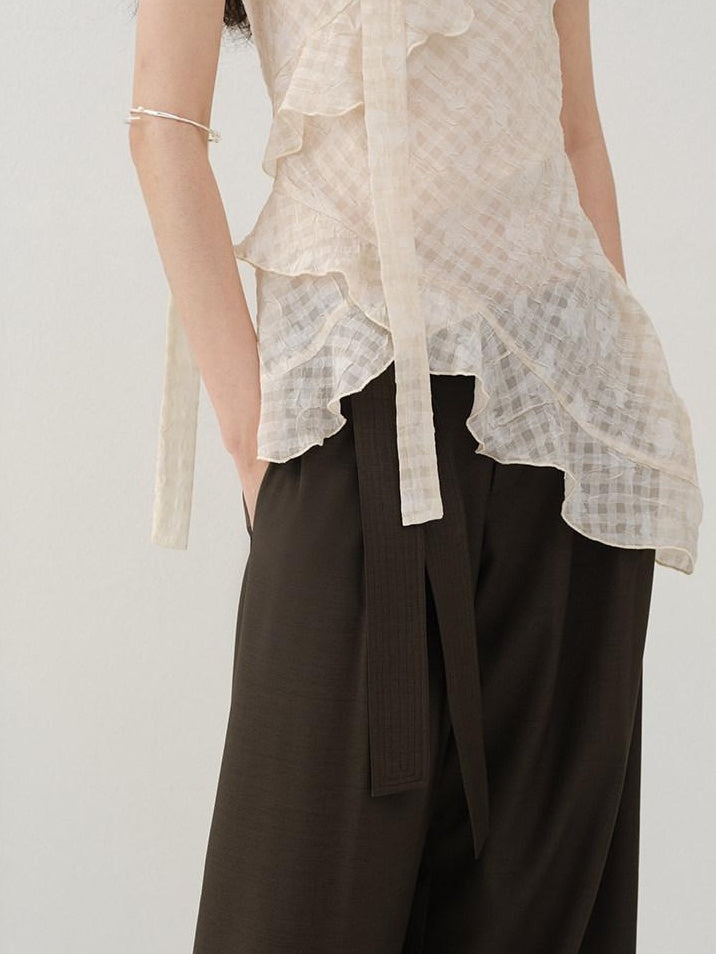 someonesometimes Minimalist Work Natural Waist Button Tea Brown Stretch Wide Leg Pants