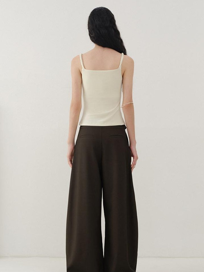 someonesometimes Minimalist Work Natural Waist Button Tea Brown Stretch Wide Leg Pants