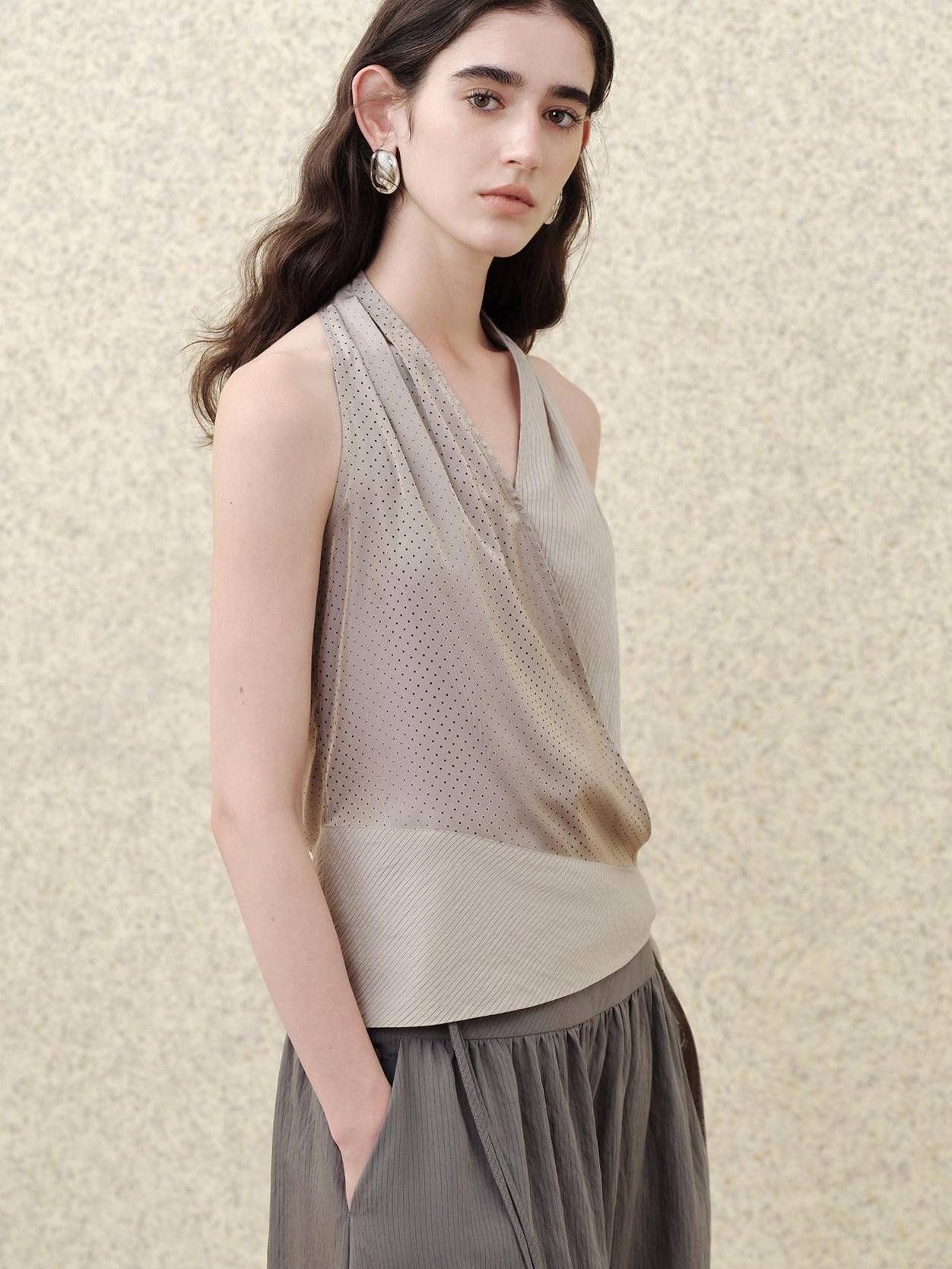 someonesometimes Modal V-neck Polka Dot Side Tie Slim Fit Strappy Women Light Gray Tank Tops