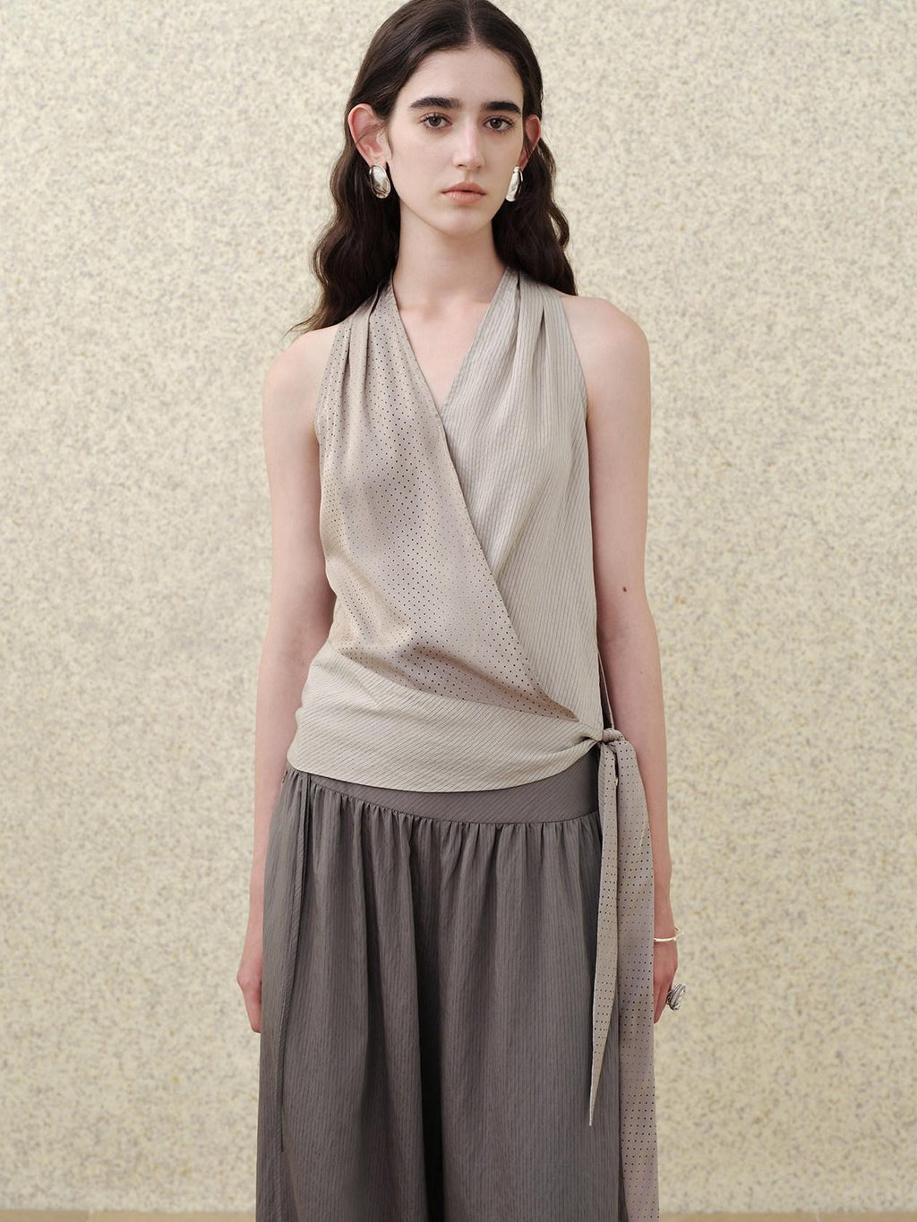 someonesometimes Modal V-neck Polka Dot Side Tie Slim Fit Strappy Women Light Gray Tank Tops