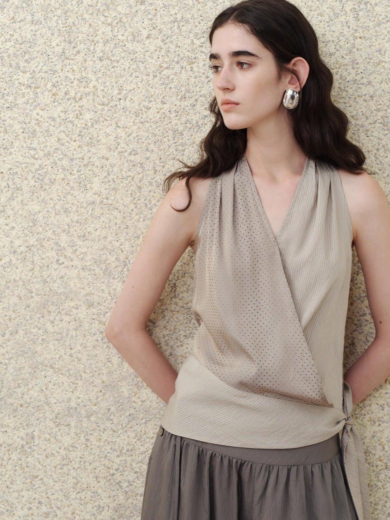 someonesometimes Modal V-neck Polka Dot Side Tie Slim Fit Strappy Women Light Gray Tank Tops
