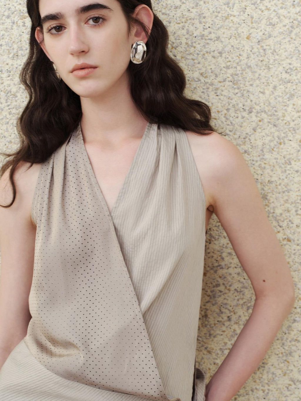someonesometimes Modal V-neck Polka Dot Side Tie Slim Fit Strappy Women Light Gray Tank Tops