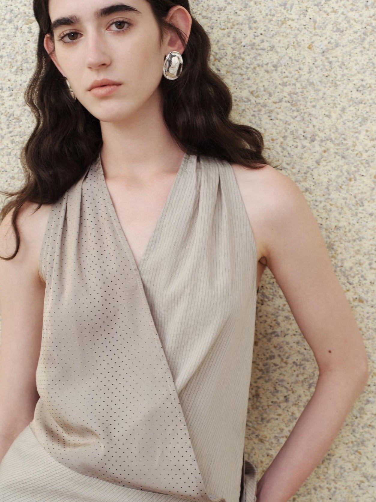 someonesometimes Modal V-neck Polka Dot Side Tie Slim Fit Strappy Women Light Gray Tank Tops