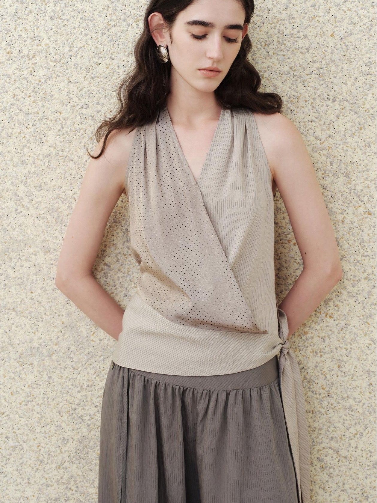 someonesometimes Modal V-neck Polka Dot Side Tie Slim Fit Strappy Women Light Gray Tank Tops