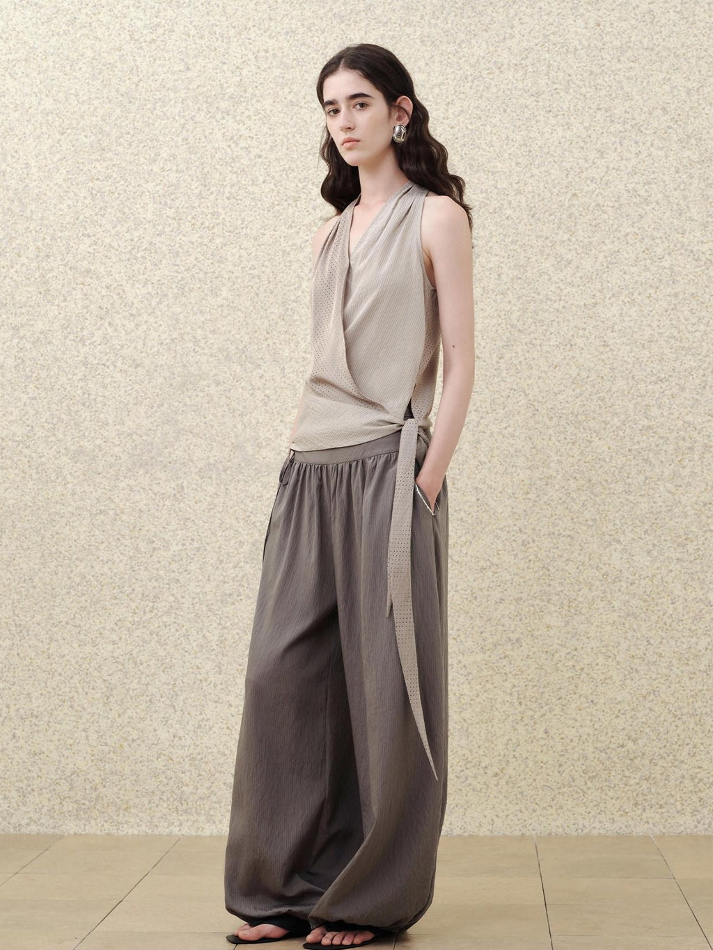 someonesometimes Modal V-neck Polka Dot Side Tie Slim Fit Strappy Women Light Gray Tank Tops