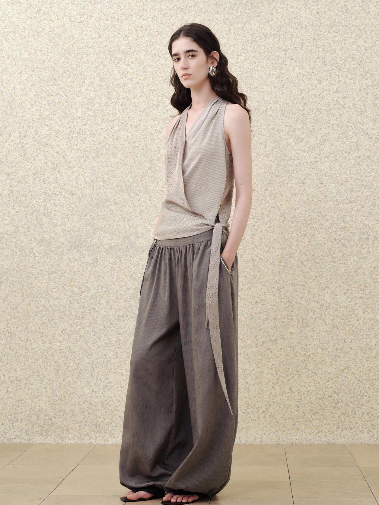 someonesometimes Modal V-neck Polka Dot Side Tie Slim Fit Strappy Women Light Gray Tank Tops