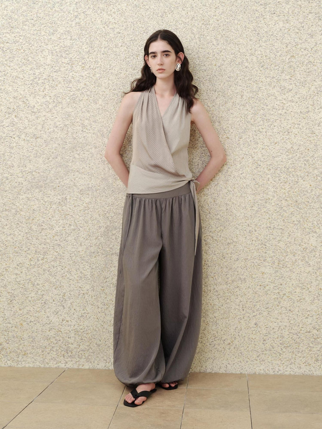 someonesometimes Modal V-neck Polka Dot Side Tie Slim Fit Strappy Women Light Gray Tank Tops