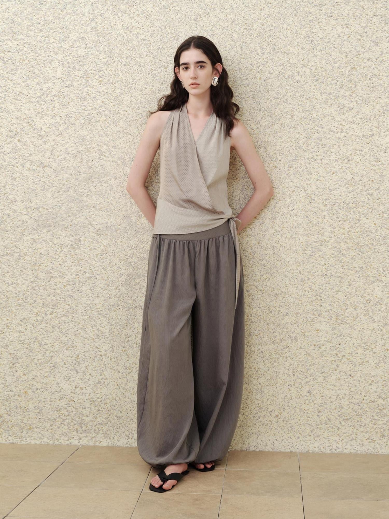 someonesometimes Modal V-neck Polka Dot Side Tie Slim Fit Strappy Women Light Gray Tank Tops
