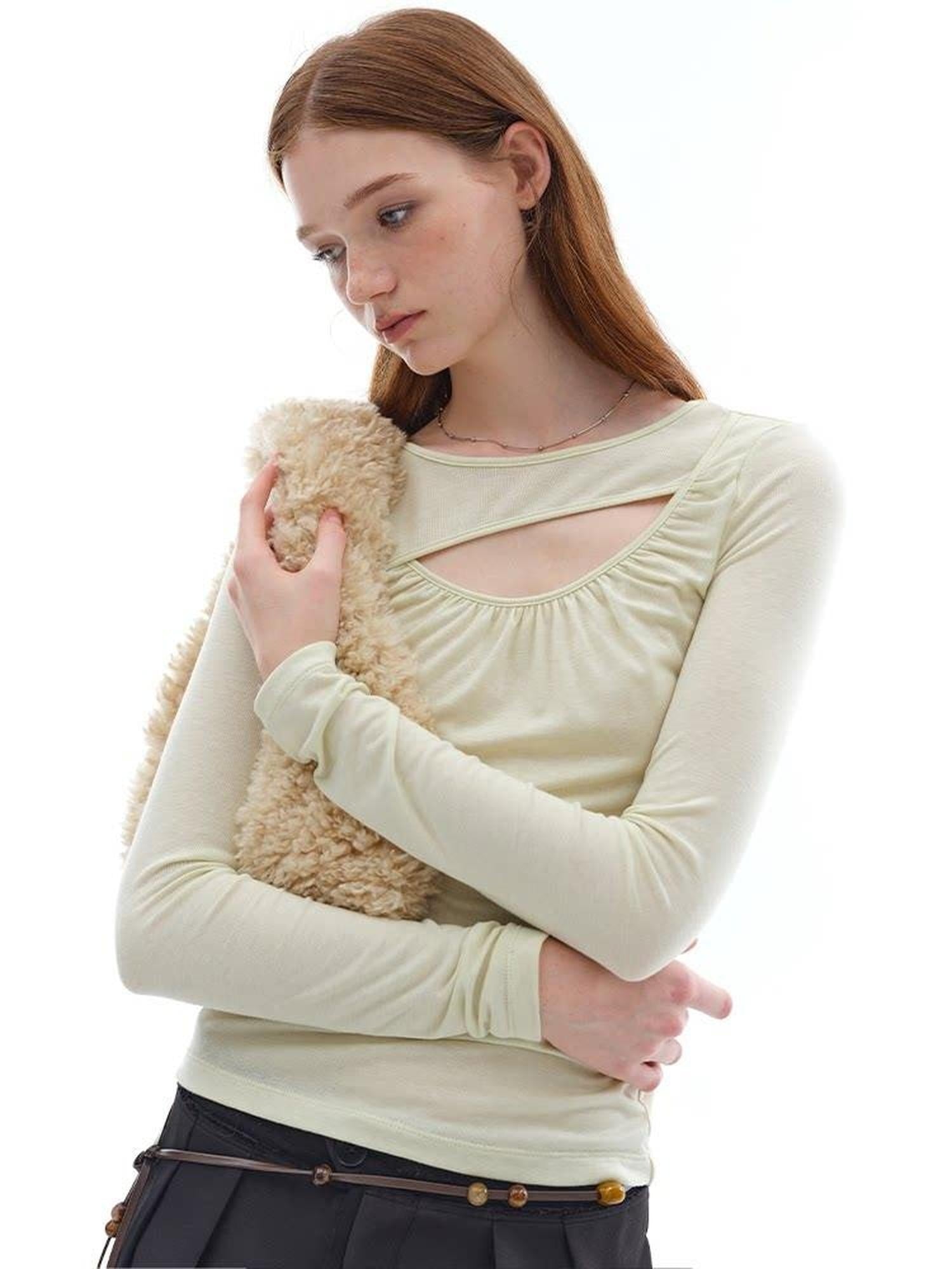 someonesometimes Openwork Slim Fit Round Neck Lyocell Wool Blend Sage Green Long Sleeve T-Shirts