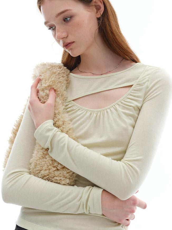 someonesometimes Openwork Slim Fit Round Neck Lyocell Wool Blend Sage Green Long Sleeve T-Shirts