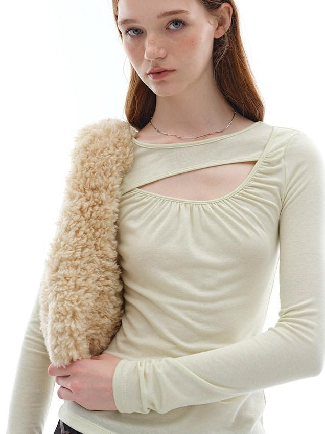someonesometimes Openwork Slim Fit Round Neck Lyocell Wool Blend Sage Green Long Sleeve T-Shirts