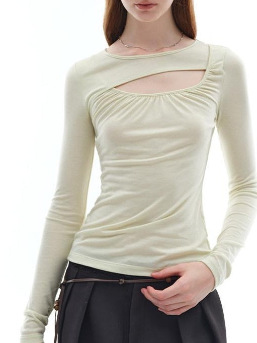 someonesometimes Openwork Slim Fit Round Neck Lyocell Wool Blend Sage Green Long Sleeve T-Shirts