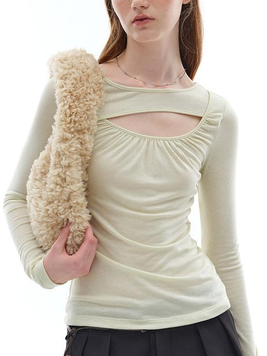 someonesometimes Openwork Slim Fit Round Neck Lyocell Wool Blend Sage Green Long Sleeve T-Shirts