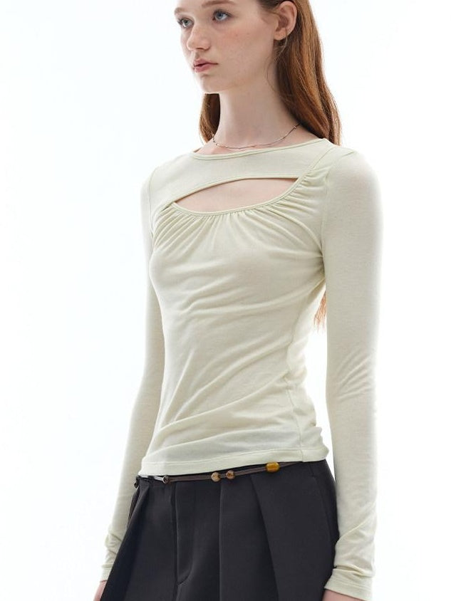 someonesometimes Openwork Slim Fit Round Neck Lyocell Wool Blend Sage Green Long Sleeve T-Shirts