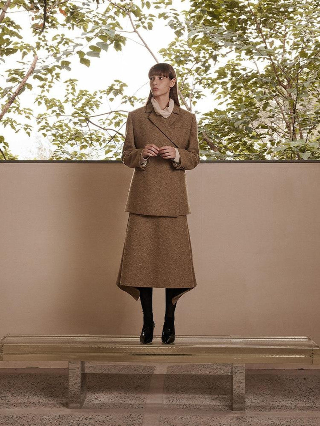 someonesometimes Original Design Long Sleeve Polyester Office Camel Blazer Skirt Top & Skirt Sets